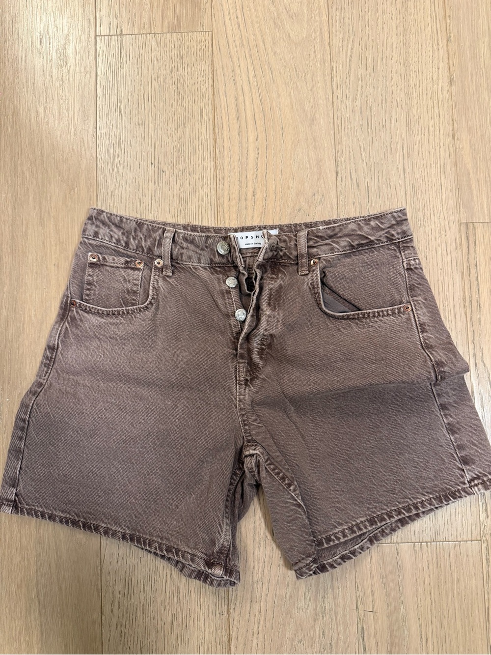 Topshop Brown Washed High-Rise Button-Fly Denim Shorts